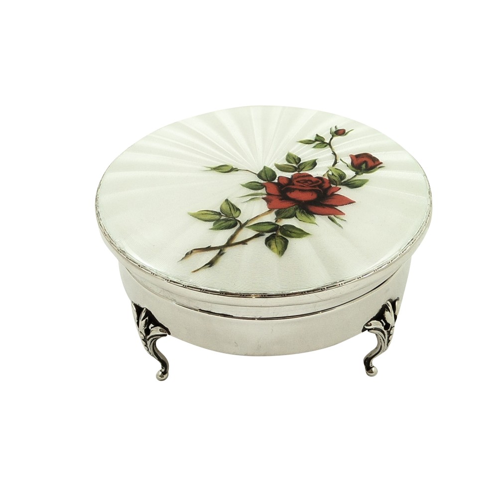 Antique Sterling Silver & Enamel 'Rose' Trinket Box 1921
