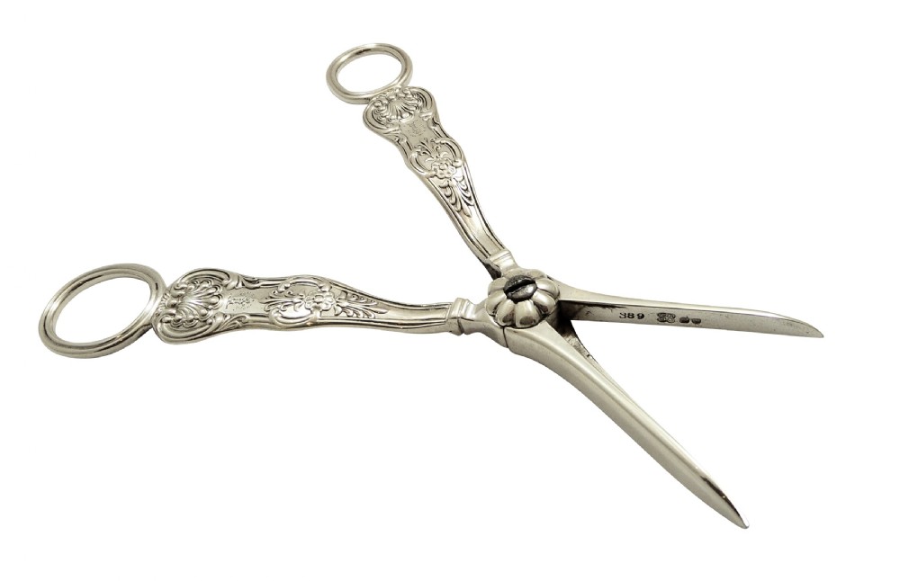 Antique Victorian Sterling Silver Grape Shears / Scissors in Case 1841 View V