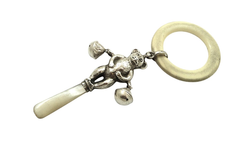 Antique Sterling Silver 'Teddy / Bear ' Baby Rattle 1933 View VIII