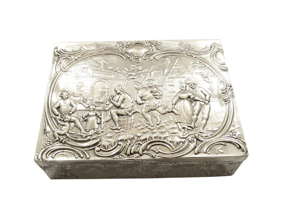 Antique Sterling Silver Trinket Box with Tavern & Fishing Scenes 1909 View II