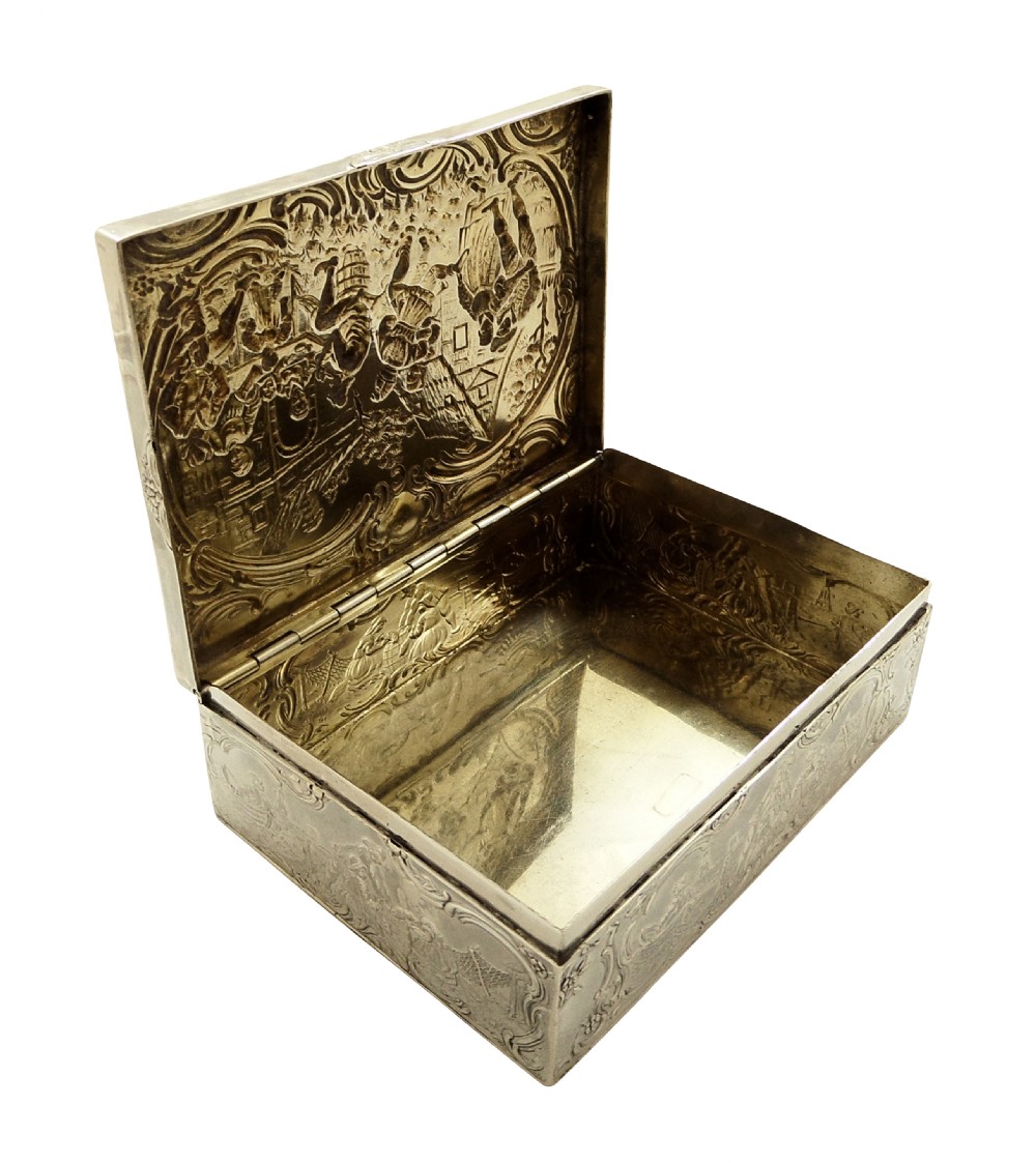 Antique Sterling Silver Trinket Box with Tavern & Fishing Scenes 1909 View III