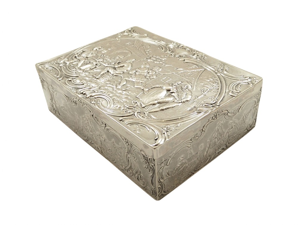 Antique Sterling Silver Trinket Box with Tavern & Fishing Scenes 1909 View IV