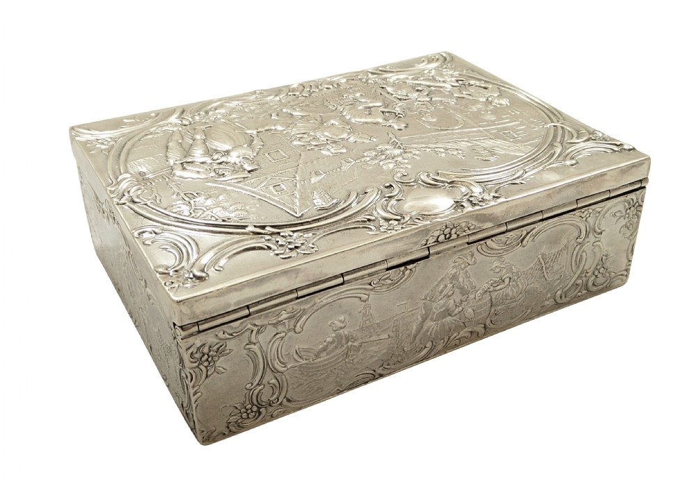Antique Sterling Silver Trinket Box with Tavern & Fishing Scenes 1909 View X