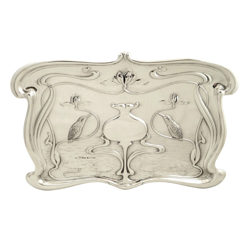 Antique Art Nouveau Sterling Silver Kingfisher Bird Dressing Tray 1903