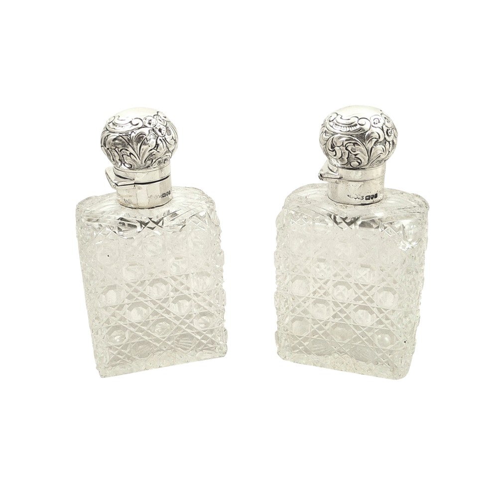 Pair of Antique Victorian Sterling Silver & Cut Glass Perfume/Scent Bottles 1899