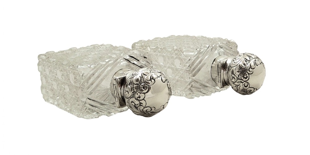Pair of Antique Victorian Sterling Silver & Cut Glass Perfume/Scent Bottles 1899 View V
