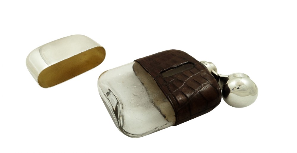 Antique Victorian Silver Plate & Crocodile Leather Hip Flask with Cup c1890 View VII