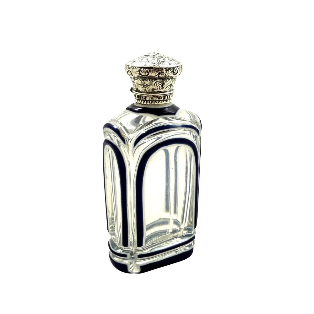 Antique Victorian Silver & Blue Overlay Glass Perfume / Scent Bottle c1880