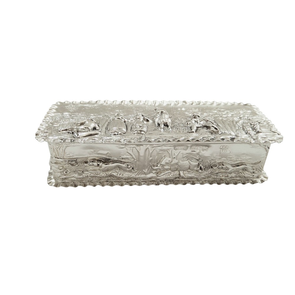 Antique Edwardian Sterling Silver Trinket Box with Hunting Scene 1901