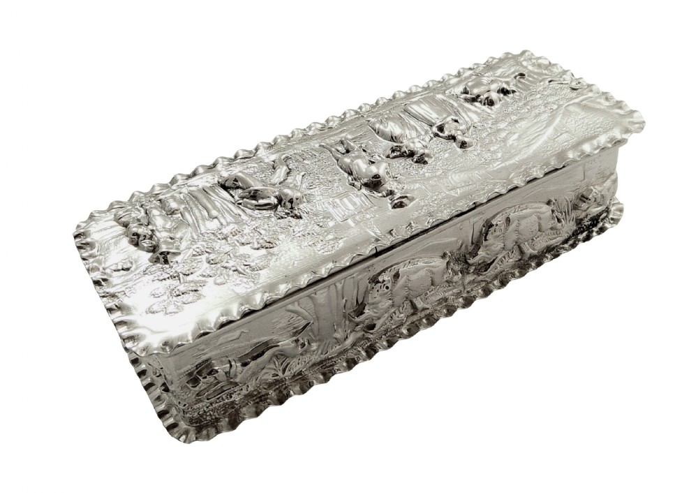 Antique Edwardian Sterling Silver Trinket Box with Hunting Scene 1901 View V