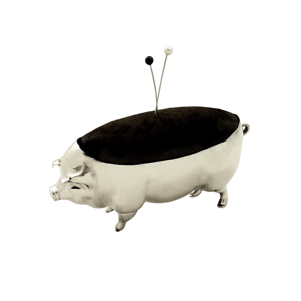 Large Antique Edwardian Sterling Silver Pig Pin Cushion 1903