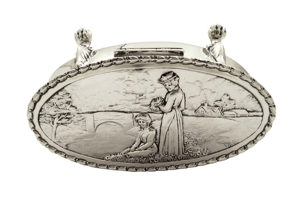 Antique Edwardian Sterling Silver Trinket Box with Scene 1908 View IV