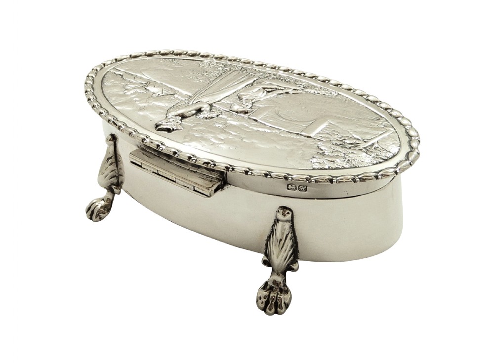 Antique Edwardian Sterling Silver Trinket Box with Scene 1908 View V