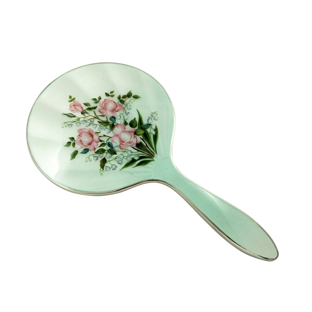 Vintage Sterling Silver & Hand Painted Peonies Enamel Mirror - Garrards 1959