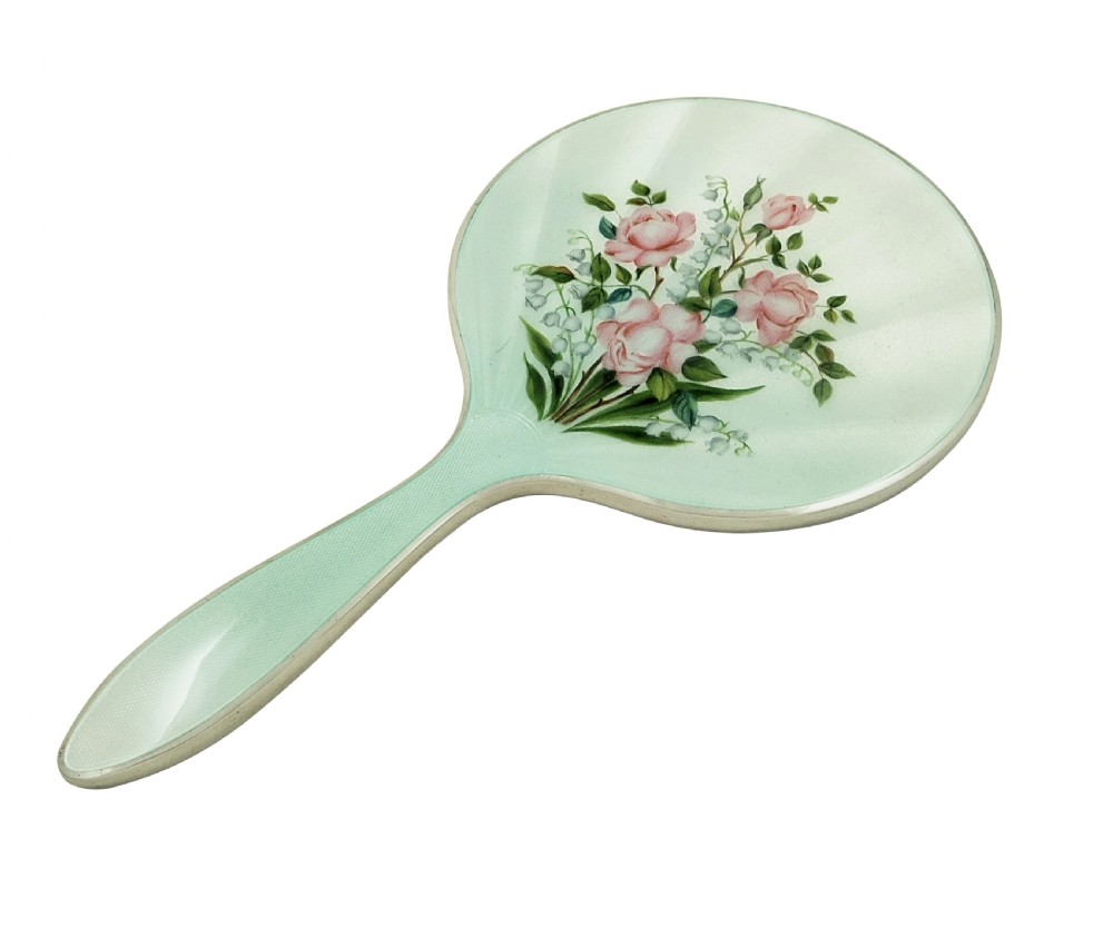 Vintage Sterling Silver & Hand Painted Peonies Enamel Mirror - Garrards 1959 View IX