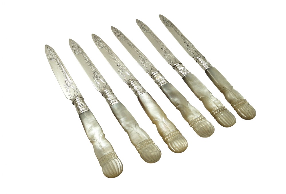 Antique Edwardian Silver & Mother of Pearl Dessert/Fruit Knives & Forks Set 1909 View II