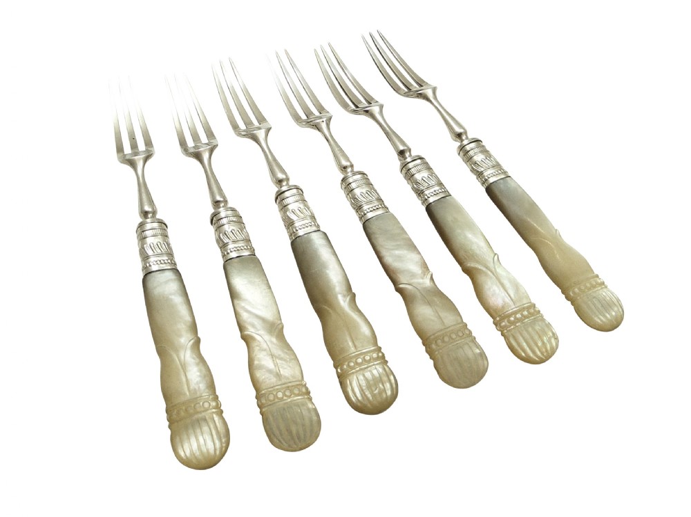 Antique Edwardian Silver & Mother of Pearl Dessert/Fruit Knives & Forks Set 1909 View V