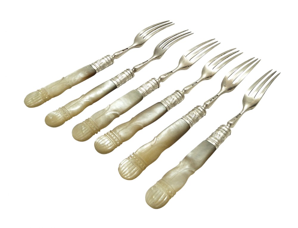Antique Edwardian Silver & Mother of Pearl Dessert/Fruit Knives & Forks Set 1909 View X