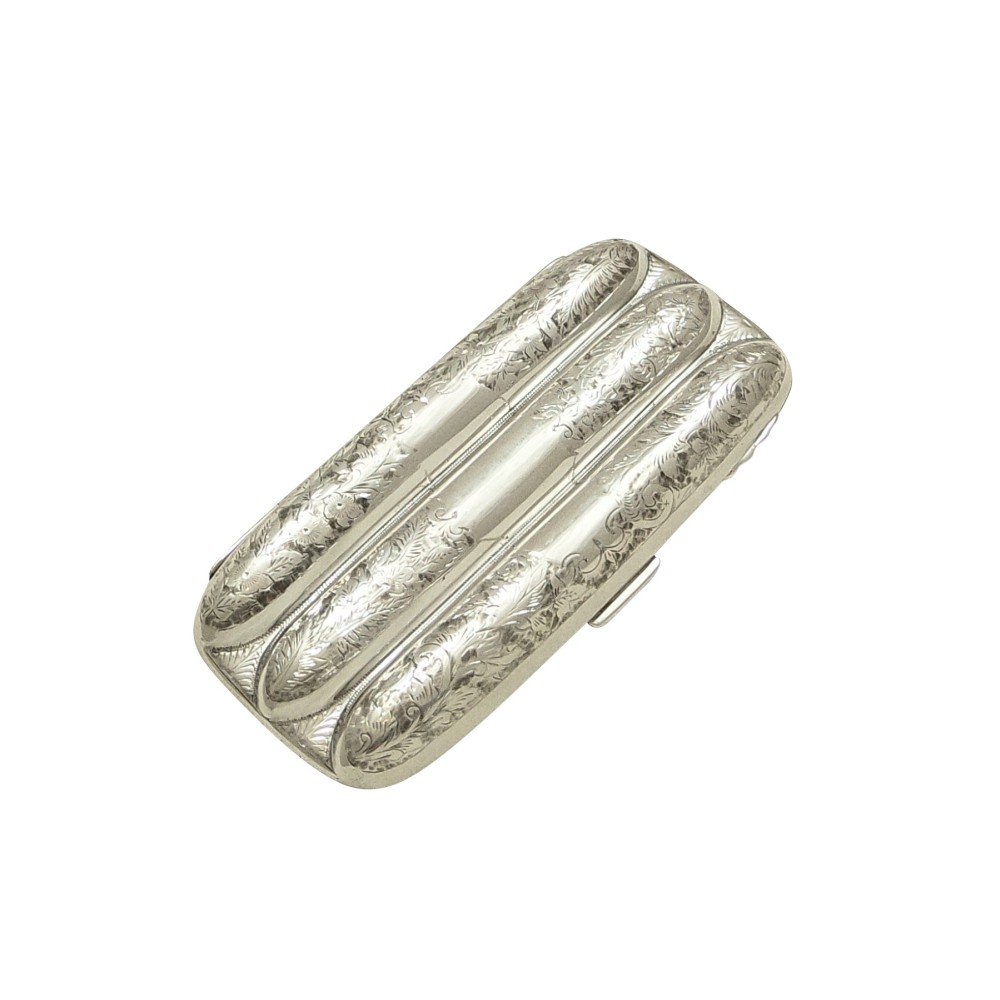 Antique Edwardian Sterling Silver 3 Tube Cigar Case 1906