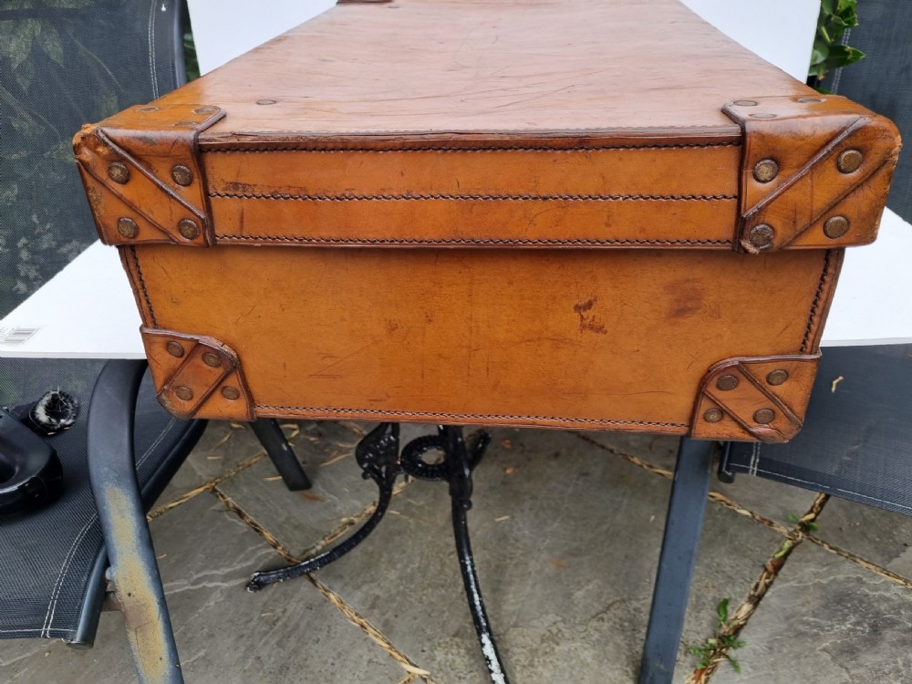 Antique tan leather suitcase 66cm in excellent condition c1880. Exceptional quality. View V