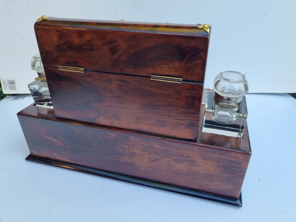 Antique Victorian walnut brass bound desktop stationery box/writing slope c1860 View V