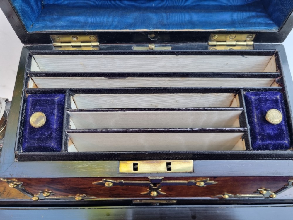 Antique Victorian walnut brass bound desktop stationery box/writing slope c1860 View VIII