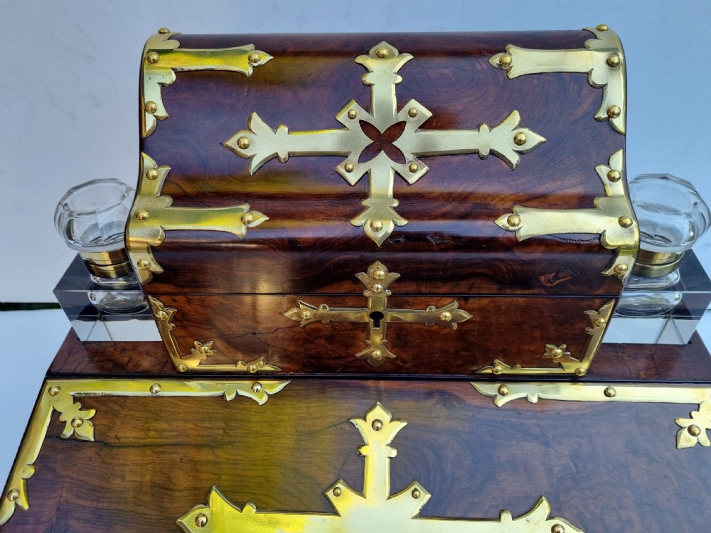 Antique Victorian walnut brass bound desktop stationery box/writing slope c1860 View XI
