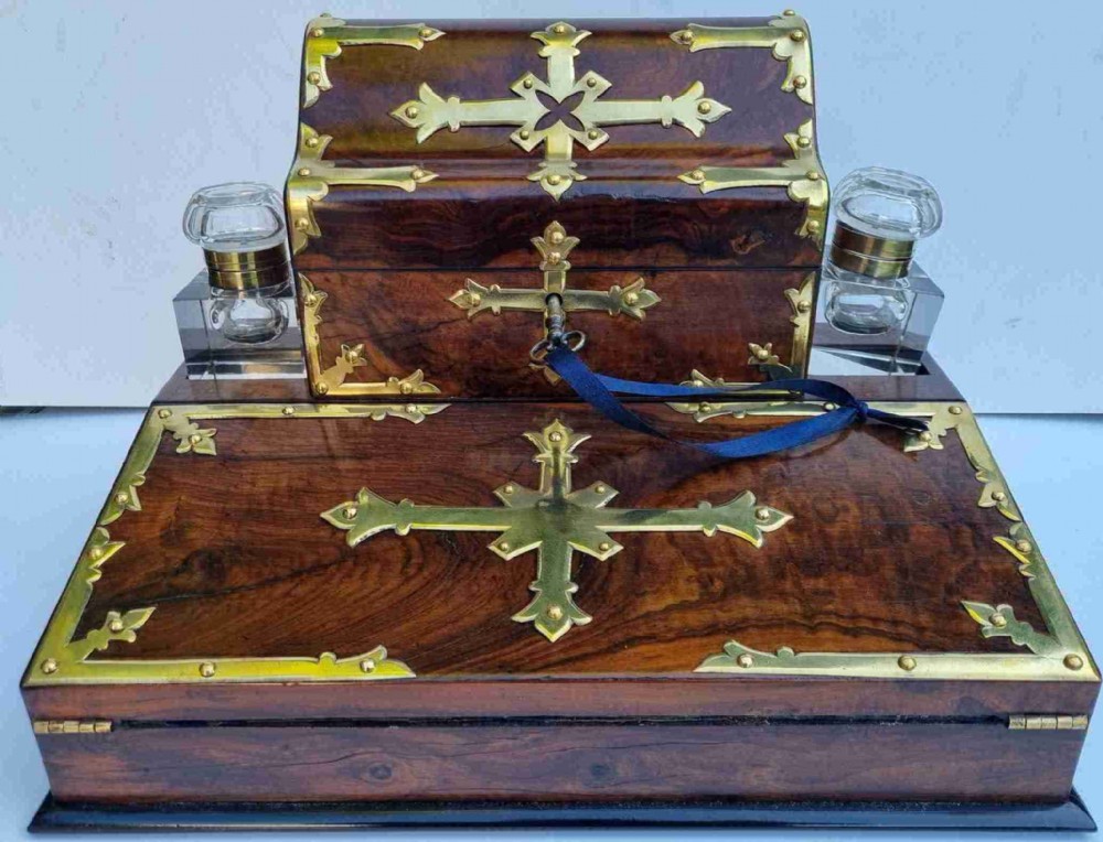 Antique Victorian walnut brass bound desktop stationery box/writing slope c1860
