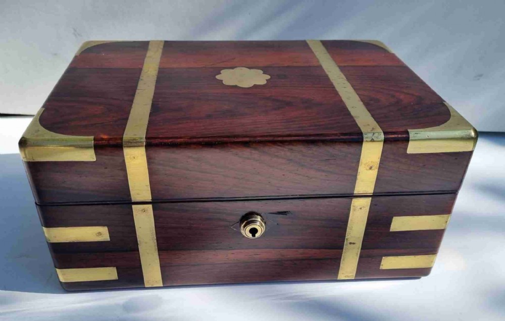 Antique Regency rosewood brass mounted jewelllery or document box c 1820 