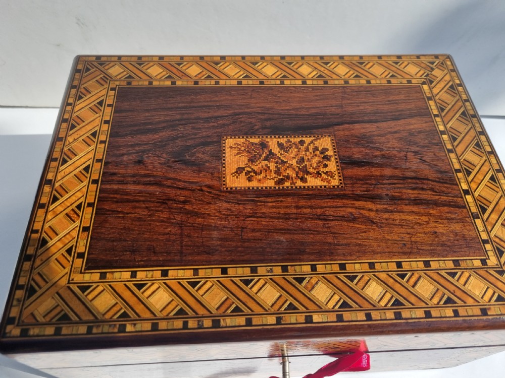 Antique Victorian rosewood box with Tonbridge Ware decoration c 1860 27cm View II