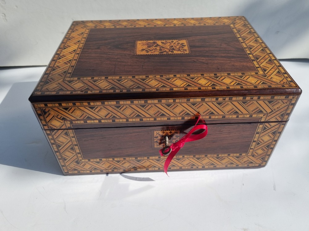 Antique Victorian rosewood box with Tonbridge Ware decoration c 1860 27cm View VIII