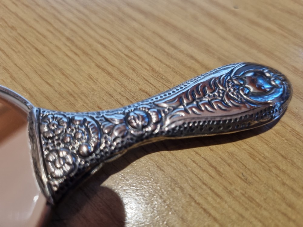 Antique continental silver hand mirror 16cm c1920 View V
