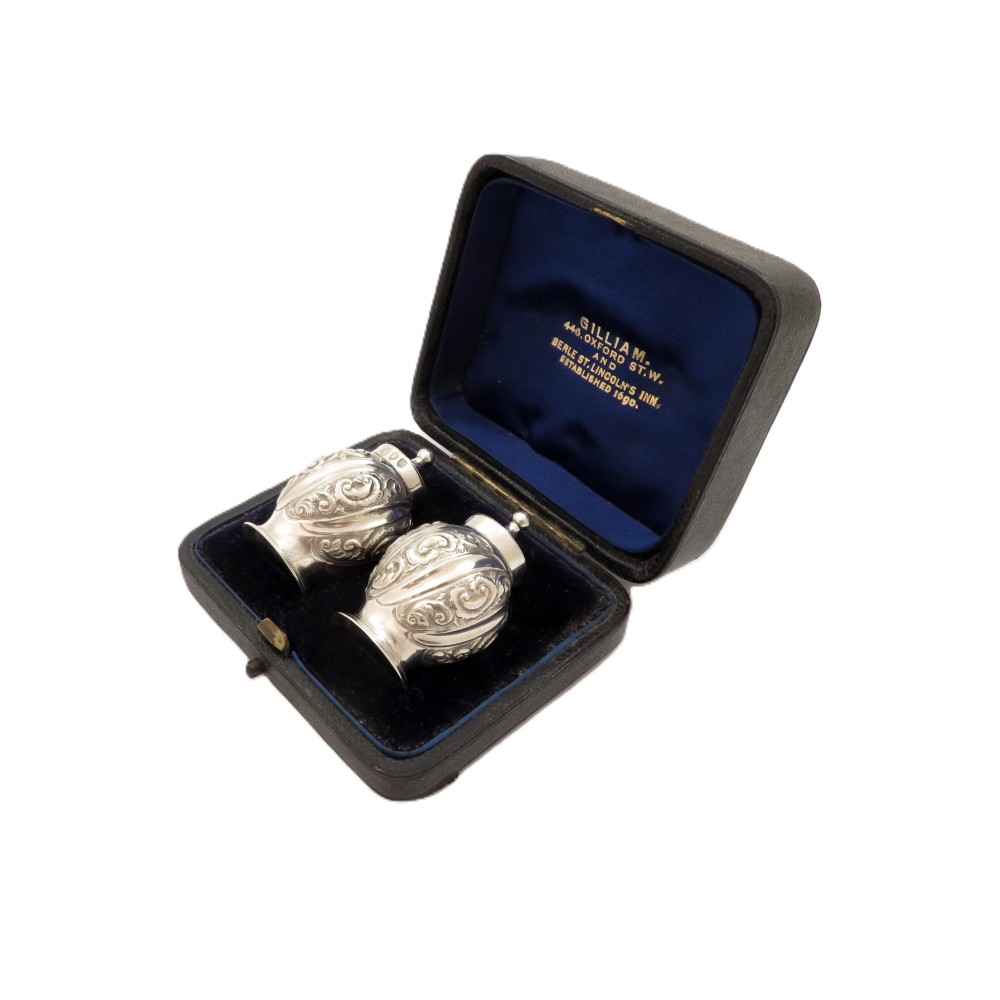 Pair of Antique Victorian Sterling Silver Peppers In Case 1892