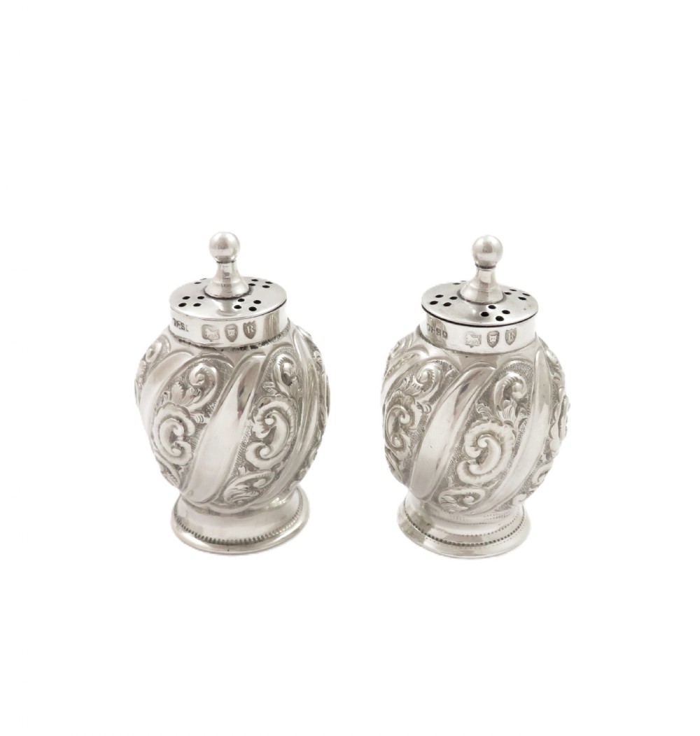 Pair of Antique Victorian Sterling Silver Peppers In Case 1892 View II