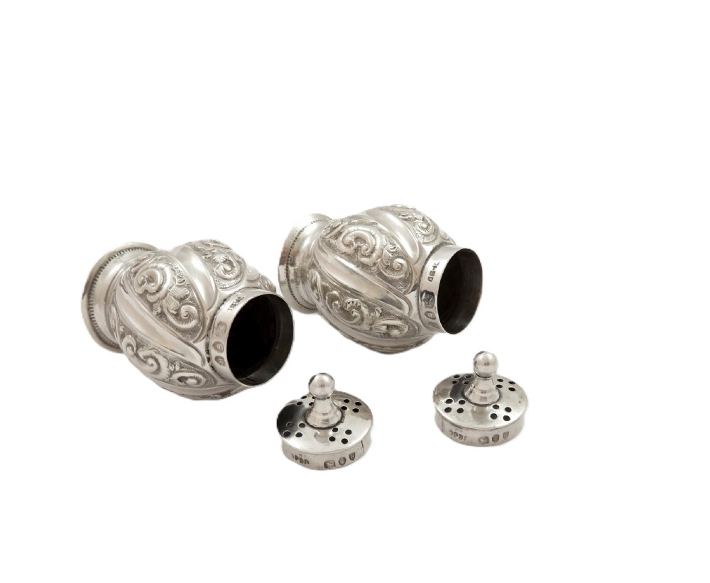 Pair of Antique Victorian Sterling Silver Peppers In Case 1892 View V