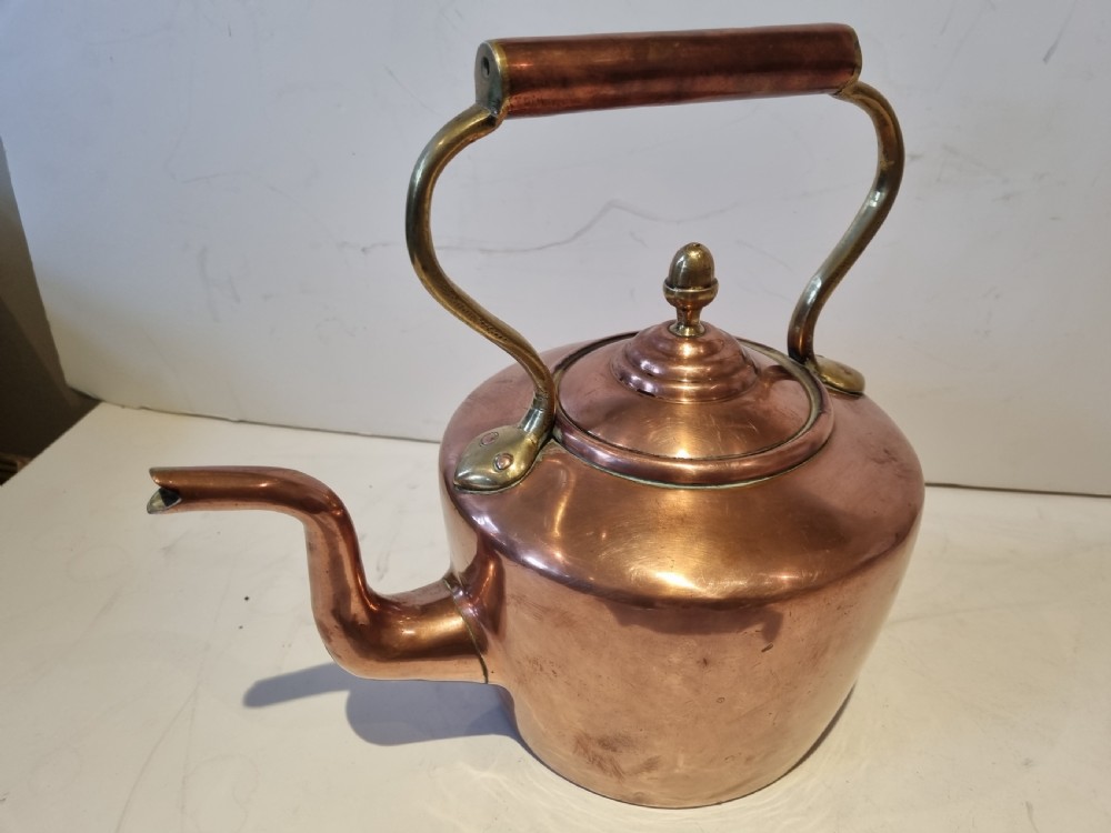 An antique Georgian copper tea kettle featuring a polished body, curved gooseneck spout, domed lid with an acorn finial, and an overhead brass handle. View III