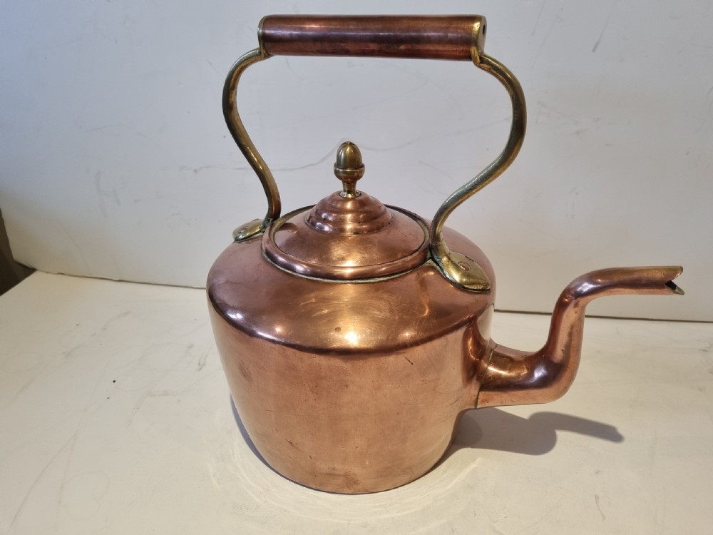 An antique Georgian copper tea kettle featuring a polished body, curved gooseneck spout, domed lid with an acorn finial, and an overhead brass handle. View IX