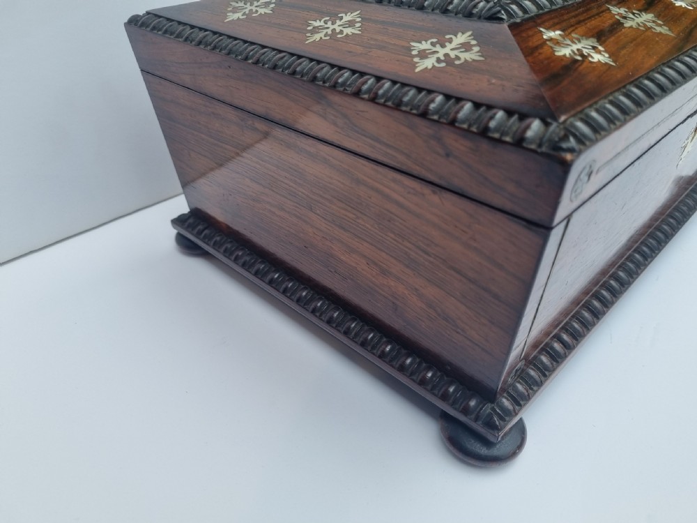 Regency rosewood and mother of pearl inlaid sewing box c 1830 View III