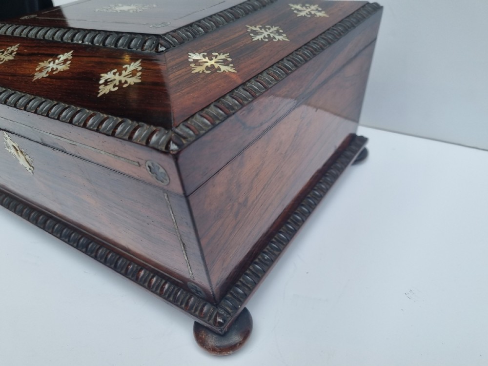 Regency rosewood and mother of pearl inlaid sewing box c 1830 View IV