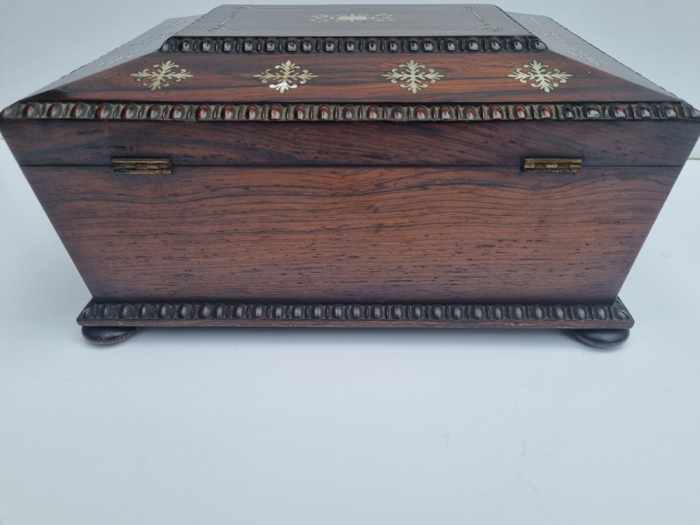 Regency rosewood and mother of pearl inlaid sewing box c 1830 View V