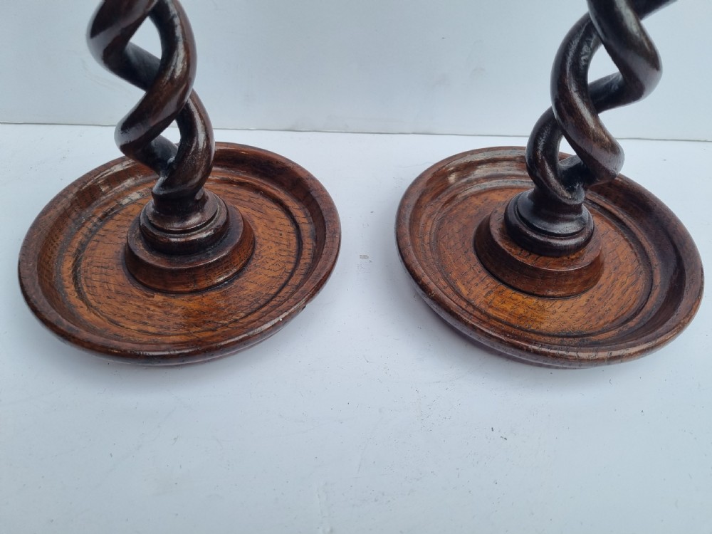 Pair Victorian open barleytwist oak candlesticks 32cm c 1880 View II