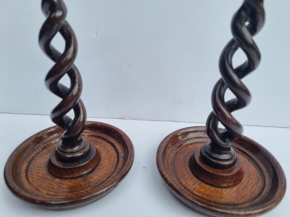 Pair Victorian open barleytwist oak candlesticks 32cm c 1880 View III