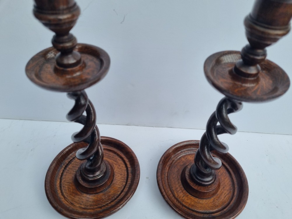 Pair Victorian open barleytwist oak candlesticks 32cm c 1880 View IV