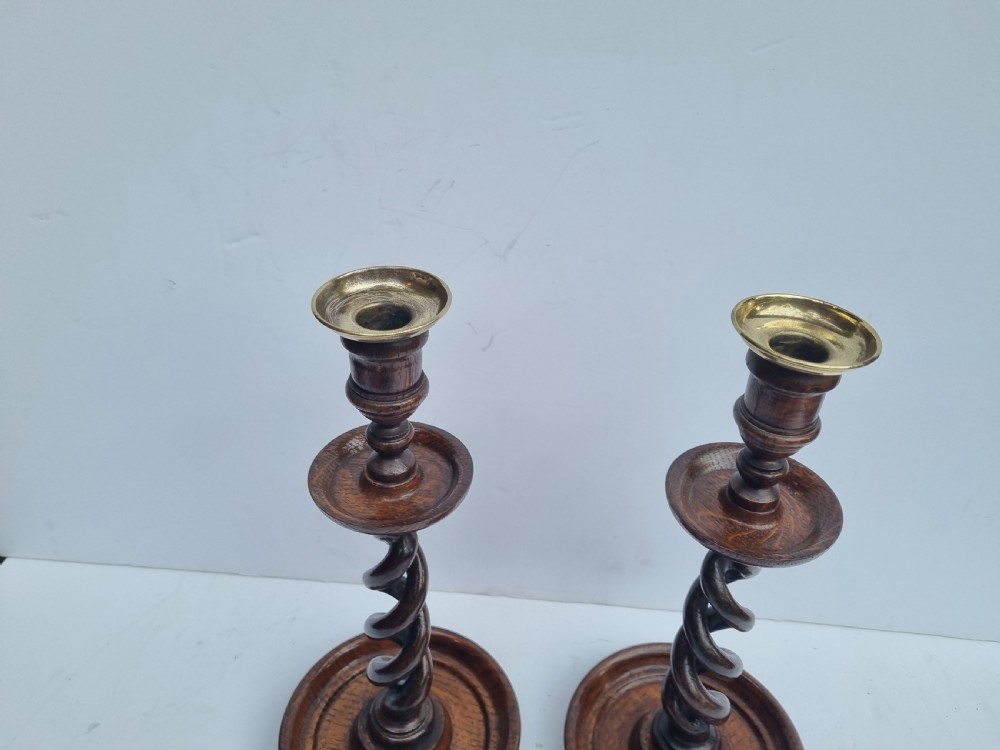 Pair Victorian open barleytwist oak candlesticks 32cm c 1880 View V