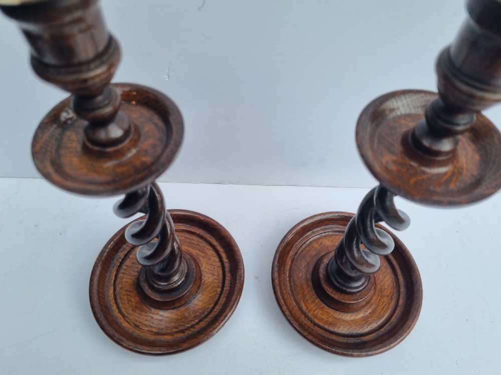 Pair Victorian open barleytwist oak candlesticks 32cm c 1880 View VI