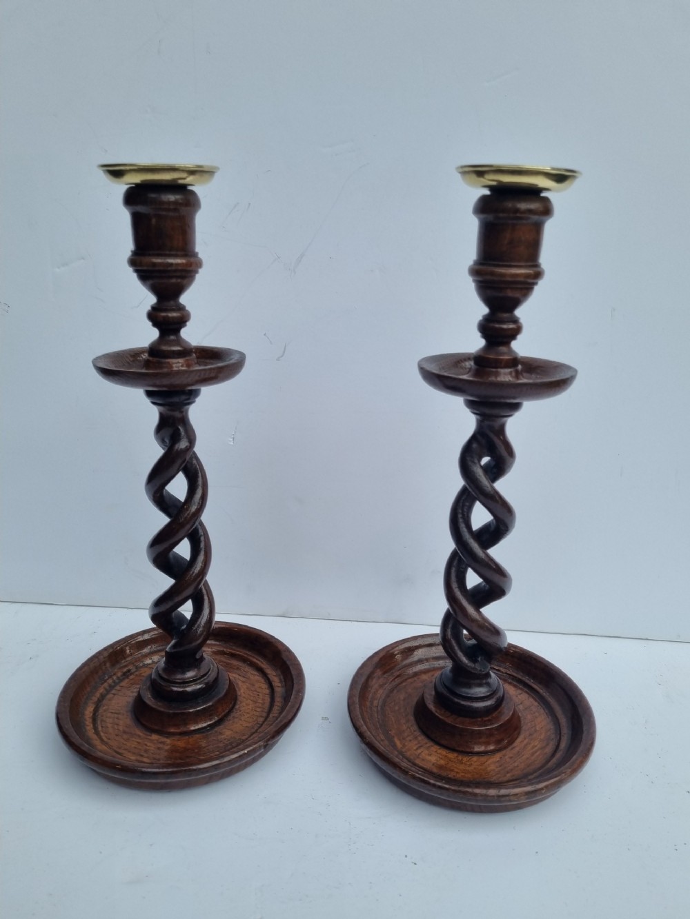 Pair Victorian open barleytwist oak candlesticks 32cm c 1880