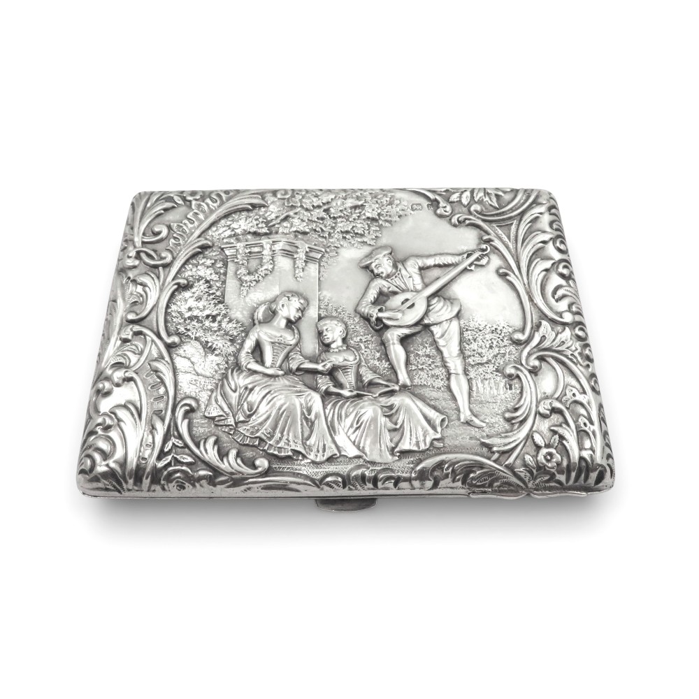 Antique Late Victorian Sterling Silver Aide Memoir / Card Case 'The Music Lesson' 1900