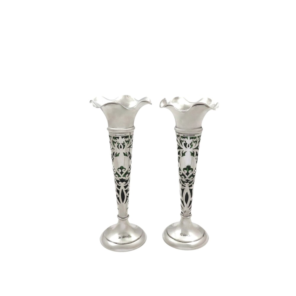 Pr Antique Edwardian Sterling Silver & Green Glass Liner Bud Vases 1905