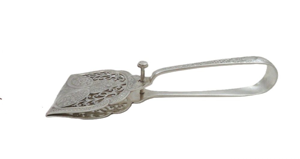 Pair of Antique Victorian Sterling Silver Cake / Bread Serving Tongs 1899 View VIII