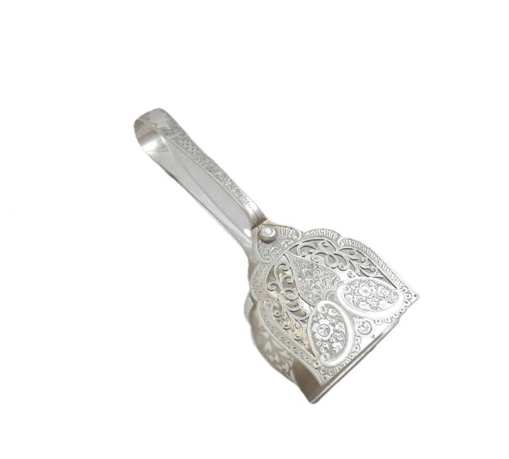 Pair of Antique Victorian Sterling Silver Cake / Bread Serving Tongs 1899 View X